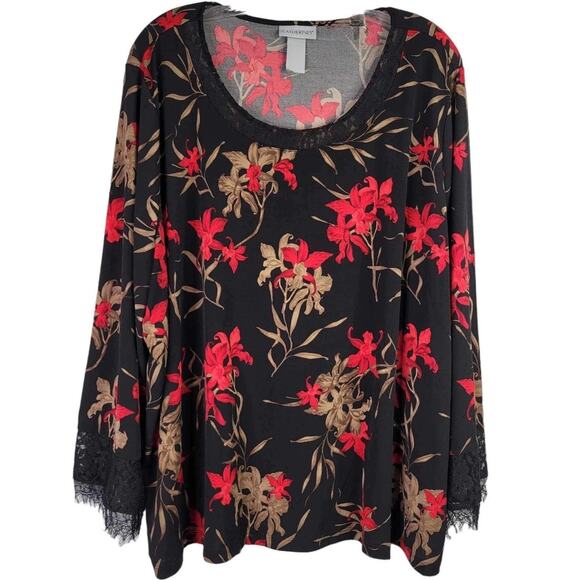 Catherines Shirt Tunic Top Womens Plus size 5X Black Red LS Floral Popover - Picture 1 of 4